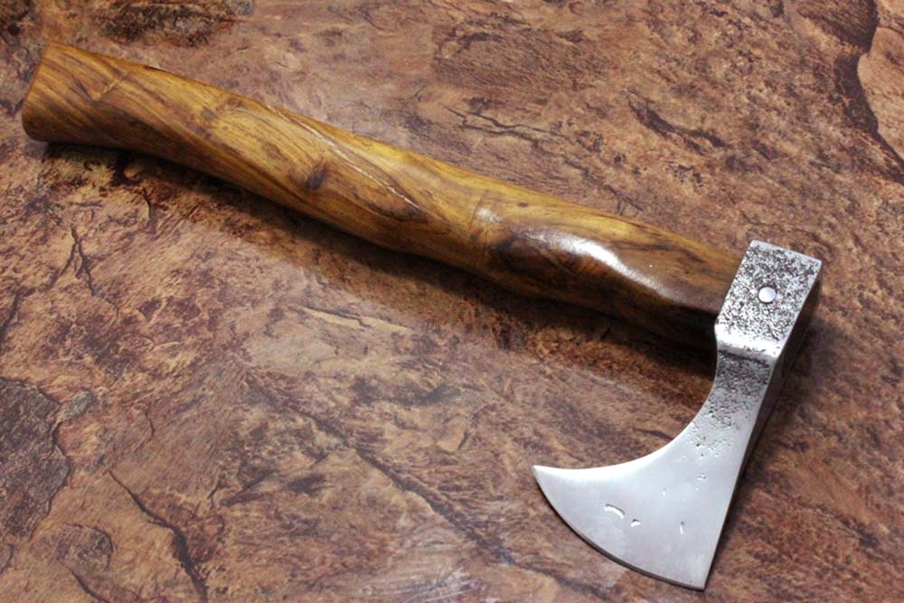 14 Inches long Hand Forged high carbon steel Voyager Axe with Rose wood round handle, thick Cow hide Leather sheath