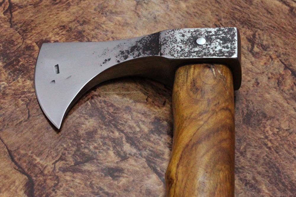 14 Inches long Hand Forged high carbon steel Voyager Axe with Rose wood round handle, thick Cow hide Leather sheath