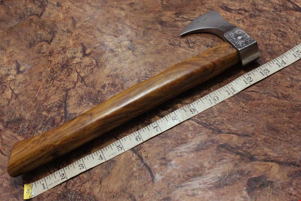 14 Inches long Hand Forged high carbon steel Voyager Axe with Rose wood round handle, thick Cow hide Leather sheath