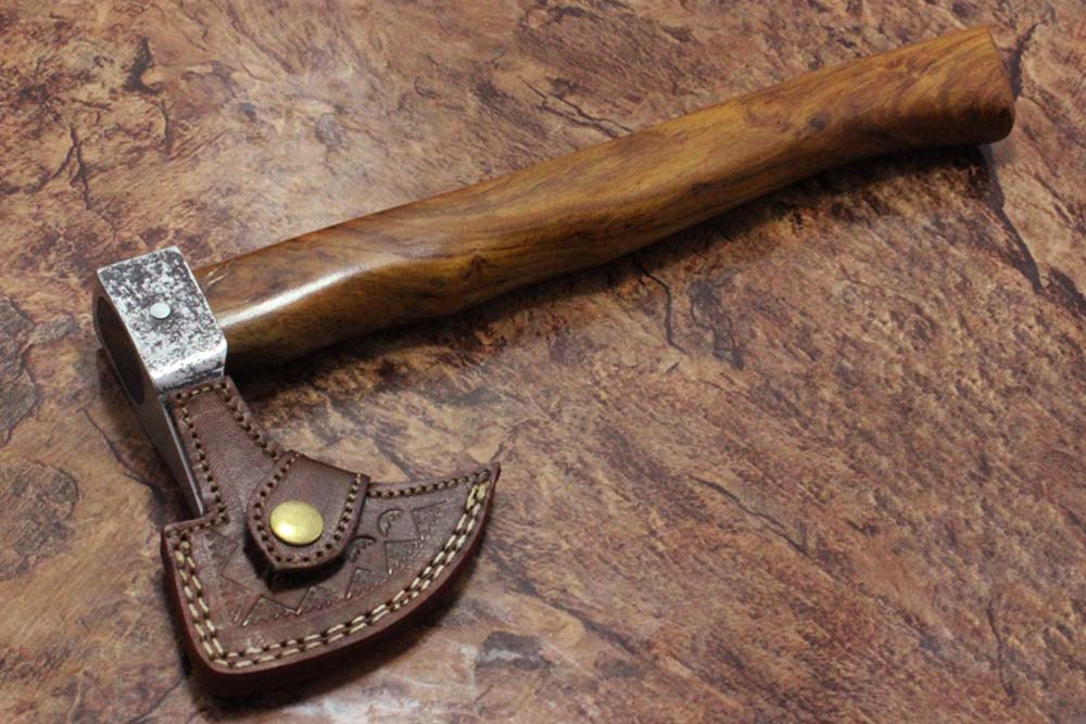 14 Inches long Hand Forged high carbon steel Voyager Axe with Rose wood round handle, thick Cow hide Leather sheath