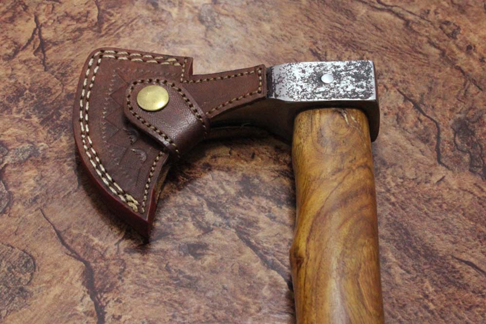 14 Inches long Hand Forged high carbon steel Voyager Axe with Rose wood round handle, thick Cow hide Leather sheath