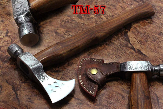 18 Inches long High carbon steel voyager axe with Hammer, Rose wood round handle, thick cow hide leather sheath included