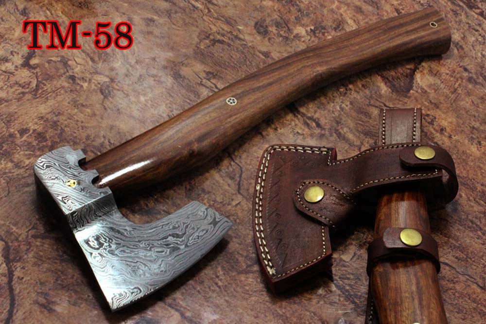 17 inches long Damascus steel camping Axe with 4" Large cutting edge, Round Rose wood scale Handle, Leather sheath included