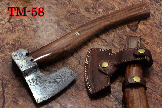 17 inches long Damascus steel camping Axe with 4" Large cutting edge, Round Rose wood scale Handle, Leather sheath included