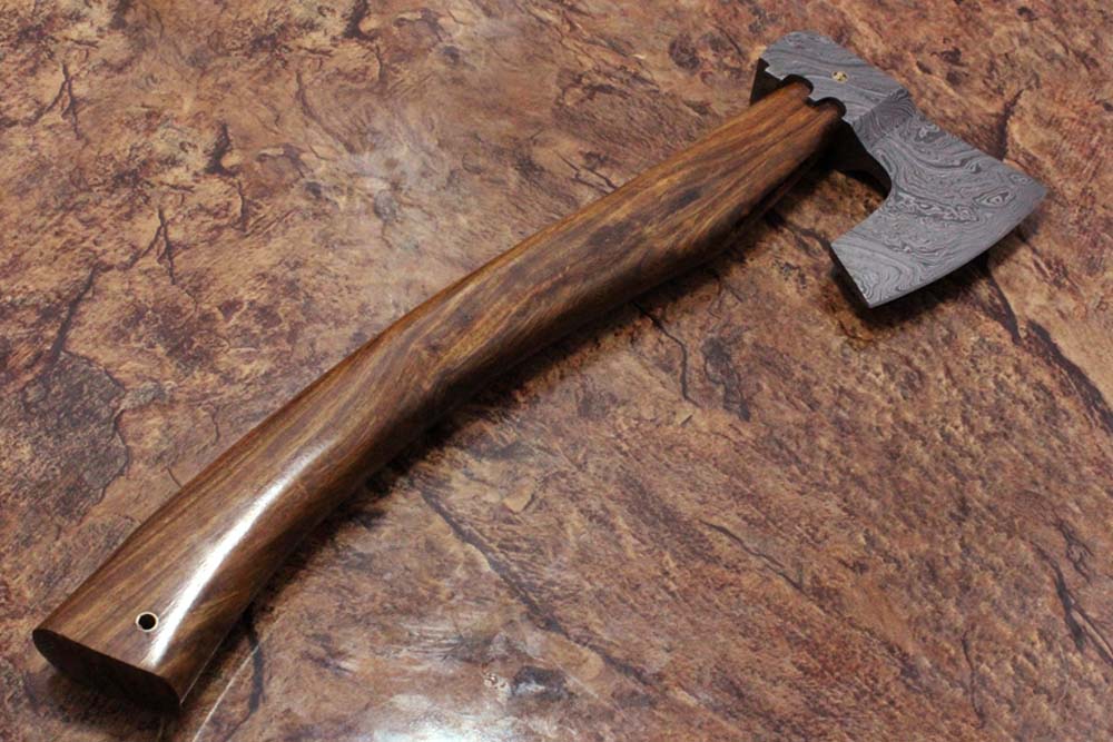 17 inches long Damascus steel camping Axe with 4" Large cutting edge, Round Rose wood scale Handle, Leather sheath included