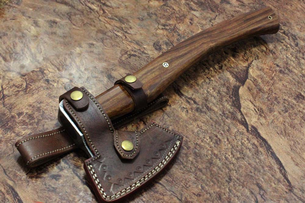 17 inches long Damascus steel camping Axe with 4" Large cutting edge, Round Rose wood scale Handle, Leather sheath included