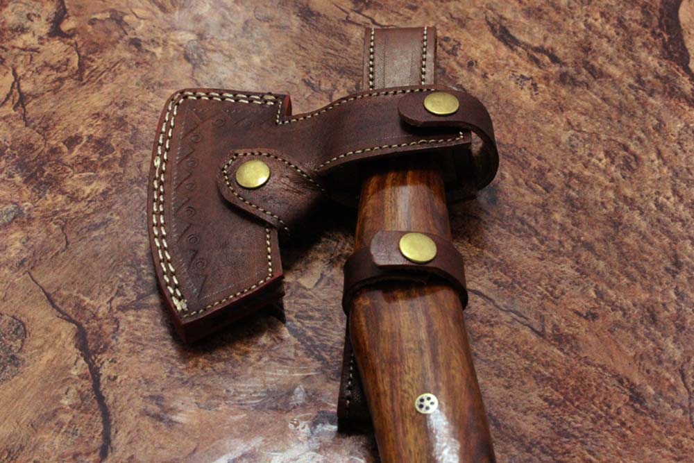 17 inches long Damascus steel camping Axe with 4" Large cutting edge, Round Rose wood scale Handle, Leather sheath included