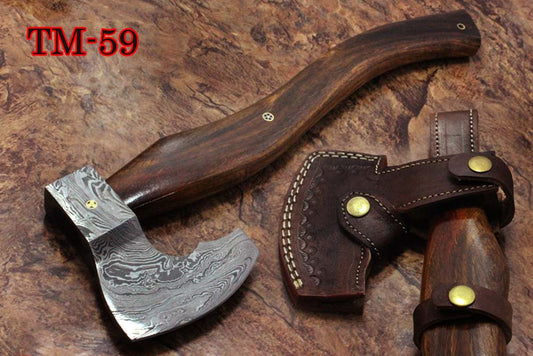 17 inches long Damascus steel hiking Axe with 4" Large cutting edge, Round Rose wood scale Handle, Leather sheath included (Copy)