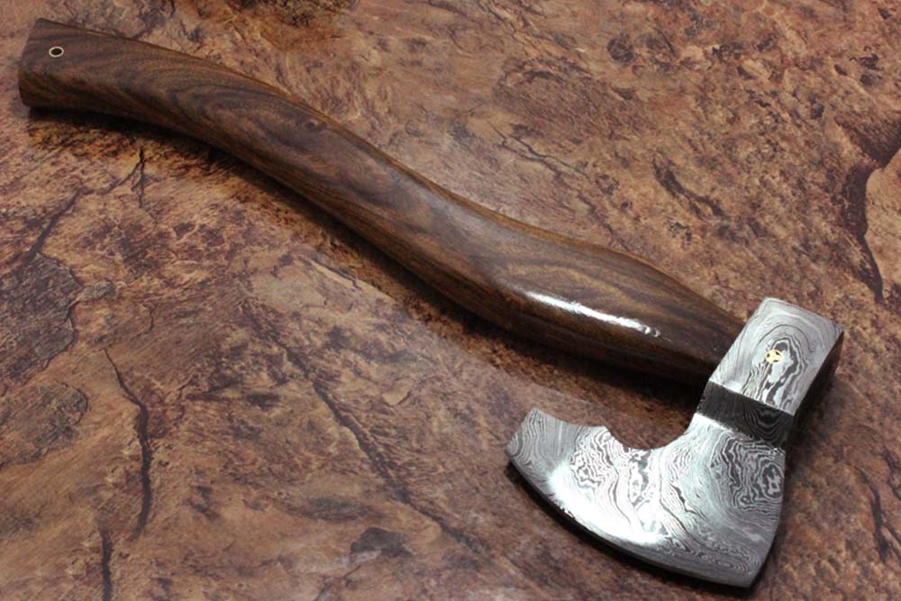 17 inches long Damascus steel hiking Axe with 4" Large cutting edge, Round Rose wood scale Handle, Leather sheath included (Copy)
