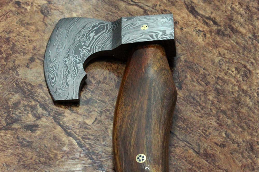 17 inches long Damascus steel hiking Axe with 4" Large cutting edge, Round Rose wood scale Handle, Leather sheath included (Copy)