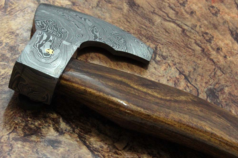 17 inches long Damascus steel hiking Axe with 4" Large cutting edge, Round Rose wood scale Handle, Leather sheath included (Copy)