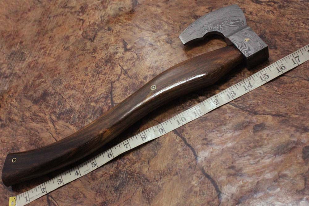 17 inches long Damascus steel hiking Axe with 4" Large cutting edge, Round Rose wood scale Handle, Leather sheath included (Copy)