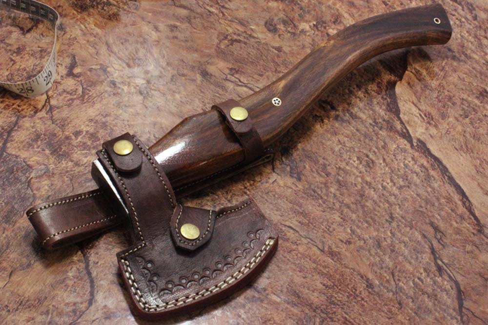 17 inches long Damascus steel hiking Axe with 4" Large cutting edge, Round Rose wood scale Handle, Leather sheath included (Copy)