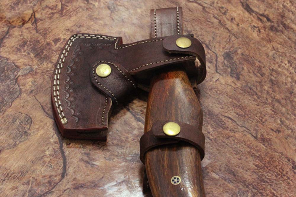 17 inches long Damascus steel hiking Axe with 4" Large cutting edge, Round Rose wood scale Handle, Leather sheath included (Copy)