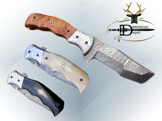 Folding knife Tracker blade knife with Engraved bird on steel bolster, 8" Hand forged Damascus steel, Available in 3 scales, Equipped with Brass Liner lock, Cow hide Leather sheath with belt loop