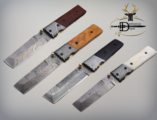 7.5" long Damascus steel Tanto blade folding knife, 6 natural scale with Damascus bolster,  cow leather sheath W/ belt loop included