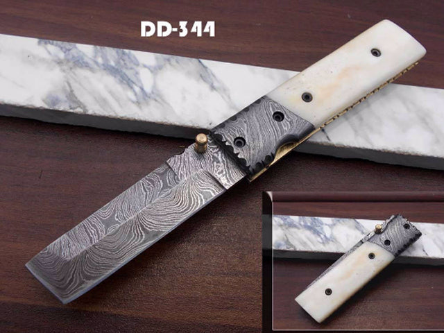 7.5" long Damascus steel Tanto blade folding knife, 6 natural scale with Damascus bolster, cow leather sheath W/ belt loop included