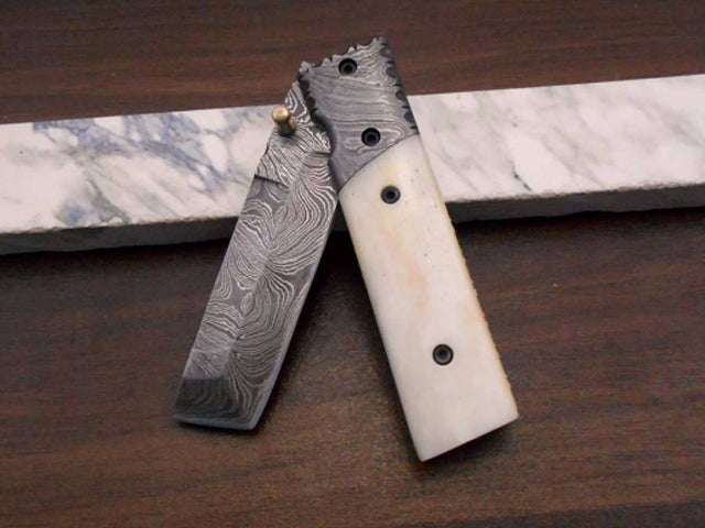 7.5" long Damascus steel Tanto blade folding knife, 6 natural scale with Damascus bolster, cow leather sheath W/ belt loop included