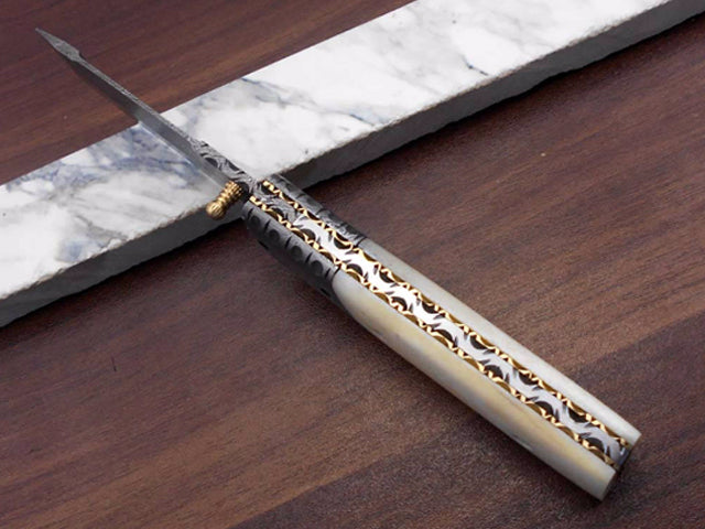 7.5" long Damascus steel Tanto blade folding knife, 6 natural scale with Damascus bolster, cow leather sheath W/ belt loop included