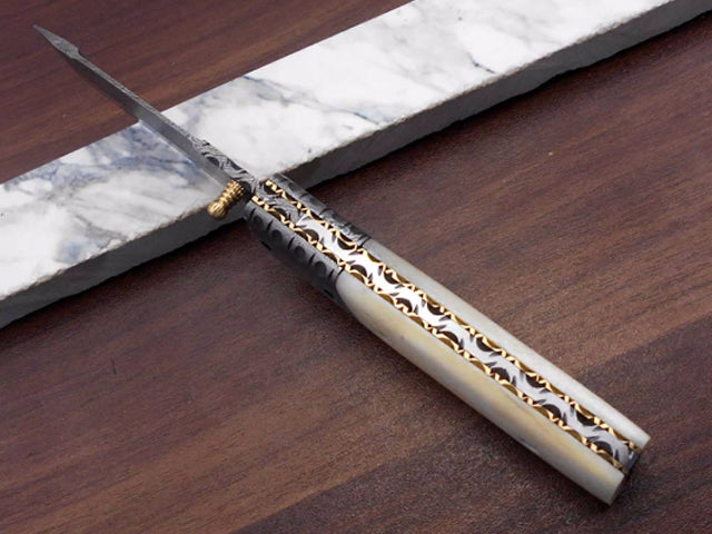 7.5" long Damascus steel Tanto blade folding knife, 6 natural scale with Damascus bolster, cow leather sheath W/ belt loop included