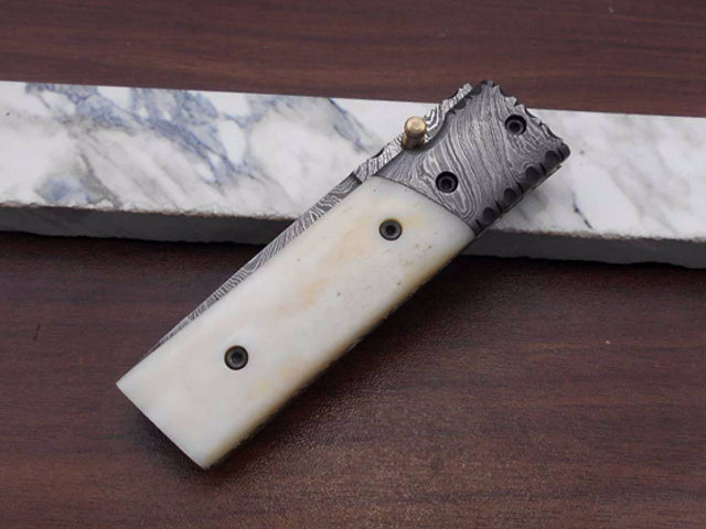 7.5" long Damascus steel Tanto blade folding knife, 6 natural scale with Damascus bolster, cow leather sheath W/ belt loop included