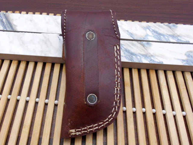 7.5" long Damascus steel Tanto blade folding knife, 6 natural scale with Damascus bolster, cow leather sheath W/ belt loop included