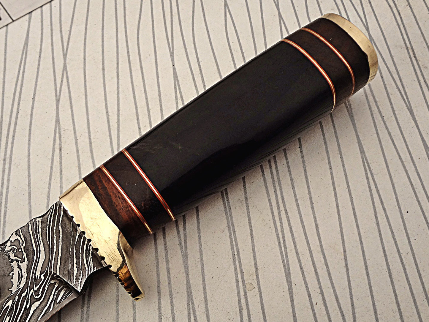 11.5" Long hand forged fire pattern Damascus steel Knife, bull horn with wood & engraved brass scale, thick Cow hide leather sheath