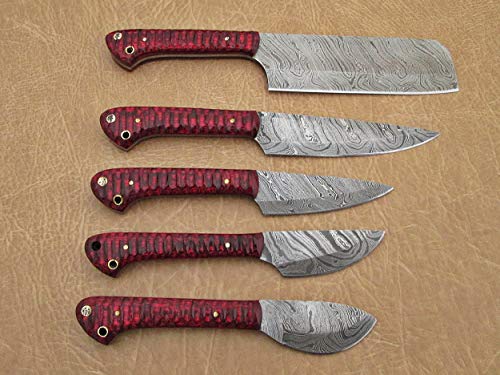 5 pieces Custom made hand forged Damascus steel blade kitchen knife set, Wine jigged scale, Overall 45 inches Length of Damascus sharp knives (10.6+9.6+9.0+8.0+7.6) Inches, Leather suede sheath
