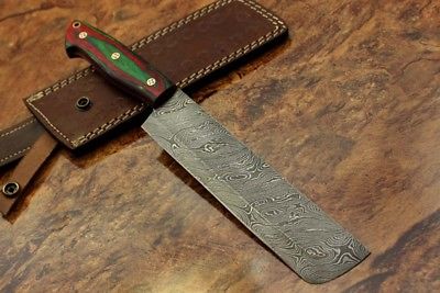 12.5" hand forged Damascus steel chef knife, 2 tone green scale, Leather sheath