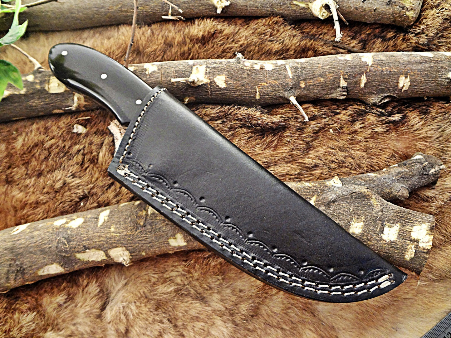 8" Long skinning knife, 4" full tang gut hook blade, hand forged Damascus steel, available in 3 scales, includes Cow Leather sheath