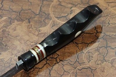 9" Long hand forged Damascus steel Skinning Knife, Round engraved brass, Bull horn & Camel bone scale, Cow hide Leather sheath