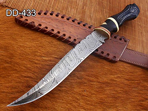 13" Long custom made carved round scale skinning knife crafted with engraved brass, 7.5" Hand forged Damascus steel blade, Cow hide Leather sheath included