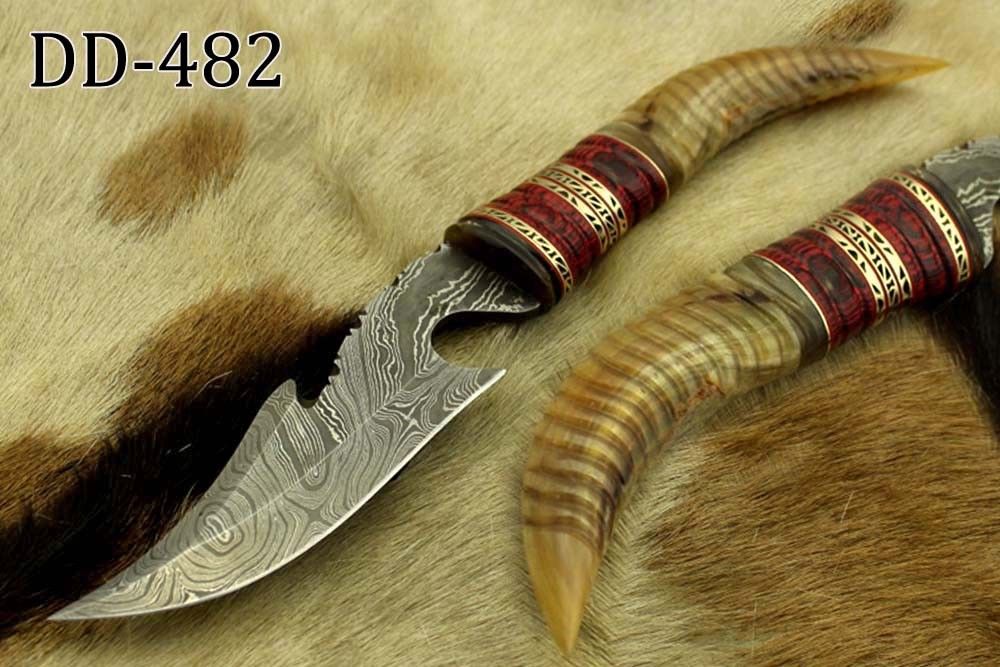 13" Long hand forged Damascus steel gut hook Skinning Knife, Custom made Round engraved jigged scale Crafted with engraved Brass spacer, Cow hide Leather sheath