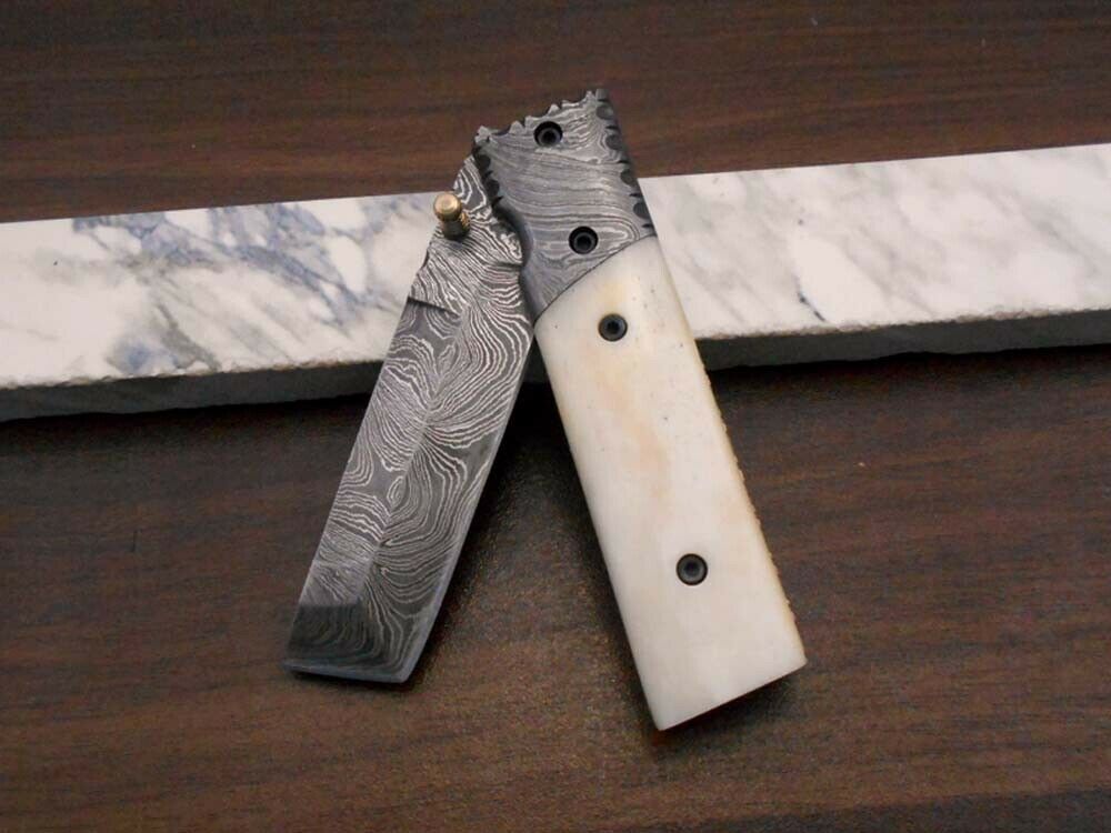 7.5" Damascus steel tanto folding knife With sheath, 4 colors lot