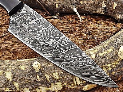 9" long Damascus Steel kitchen Knife 5.5" long full tang Hand Forged blade, Horn