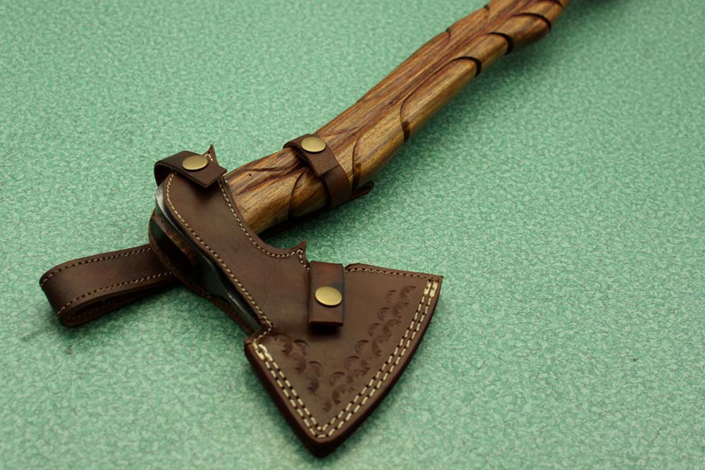 20 Inches long Damascus steel tomahawk Axe, Engraved Rose wood handle bearded hiking battle Axe, Hand Forged Damascus steel head, thick cow hide leather sheath
