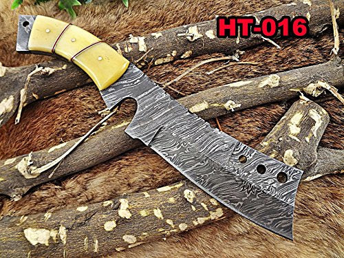 Damascus Steel Chopper Knife, 11" Long Hand Forged Full Tang Cleaver Knife, Butcher Knife Natural Camel Bone Scale, Cow Hide Leather Sheath