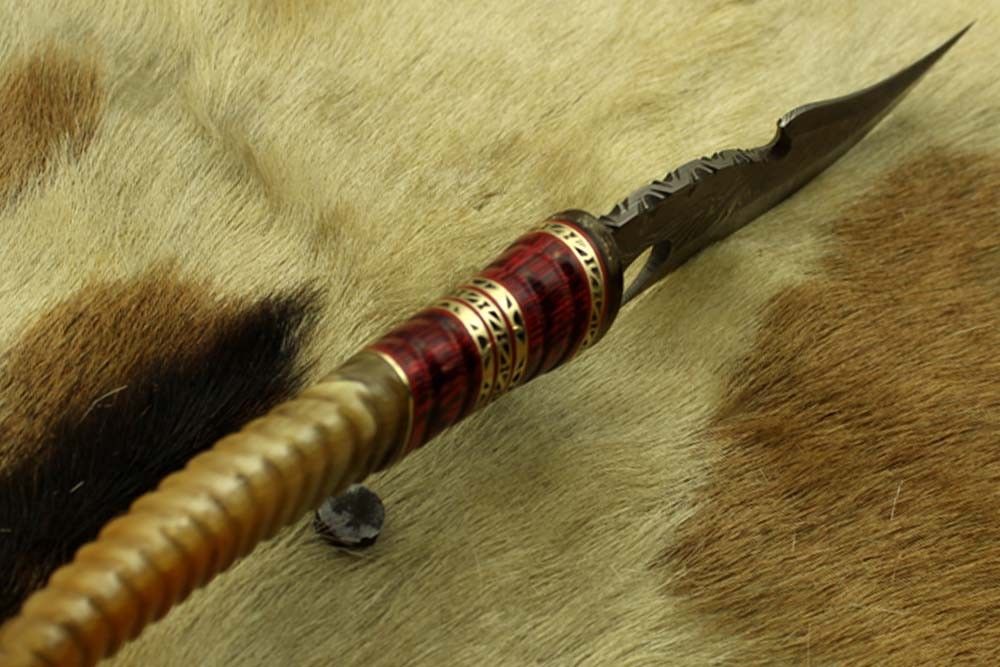 13" Long hand forged Damascus steel gut hook Skinning Knife, Custom made Round engraved jigged scale Crafted with engraved Brass spacer, Cow hide Leather sheath