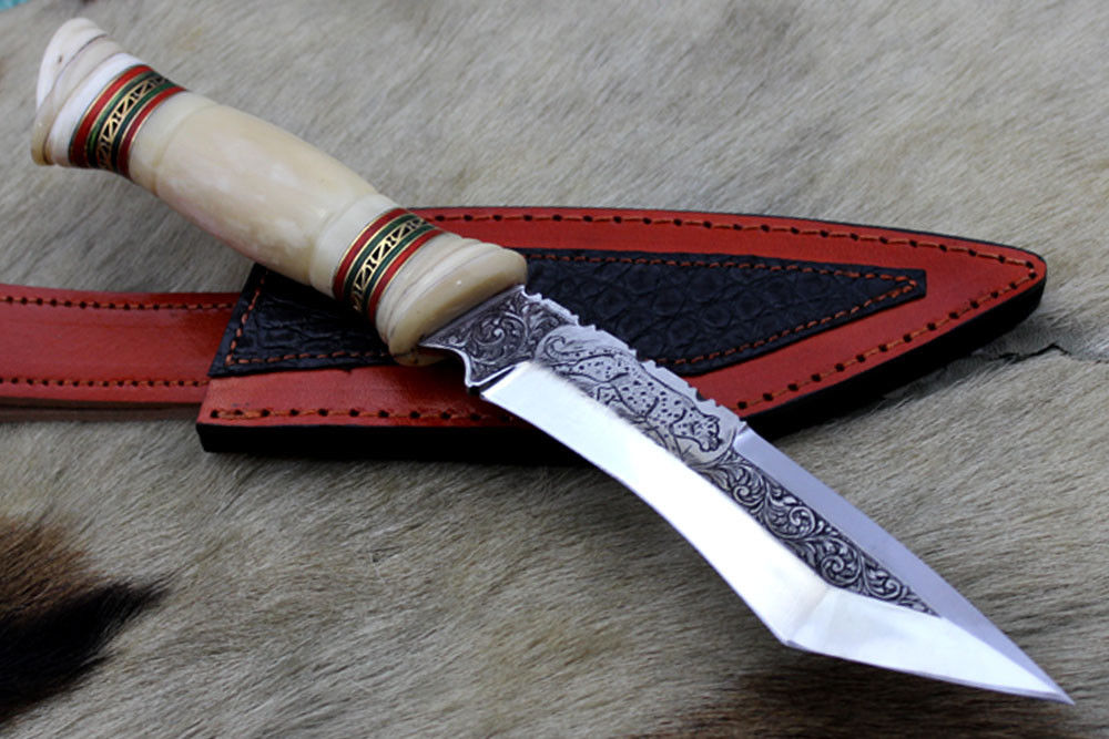 11" Long Tanto blade Skinning Knife, hand engraved D-2 stainless steel & Damascus steel, Round scale crafted with engraved Brass & fiber spacer, Cow hide Leather sheath