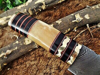 Damascus steel skinning knife 4 Pcs set with leather sheath, Black & white scale
