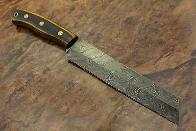 11.5" hand forged Damascus steel bread knife with 7" long serrated cutting edge, Cow Leather sheath included