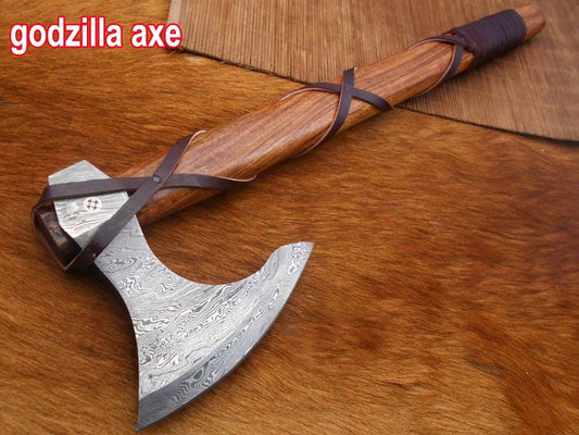 Hand forged Carbon steel Tomahawk Godzilla Axe, Hunting Axe, hiking battle axe Rose wood scale