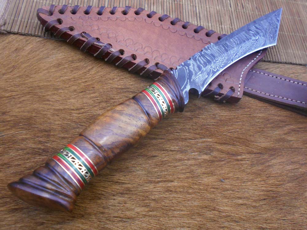 11" Long hand forged Damascus steel Tanto blade Hunting knife, exotic Hand crafted rose wood scale with engraved brass & green fiber spacer, Cow hide Leather sheath with belt loop