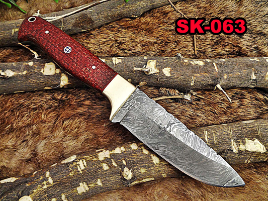 DAMASCUS STEEL 9.5" LONG FULL TANG BLADE SKINING KNIFE, WOOD & BONE, COW SHEATH