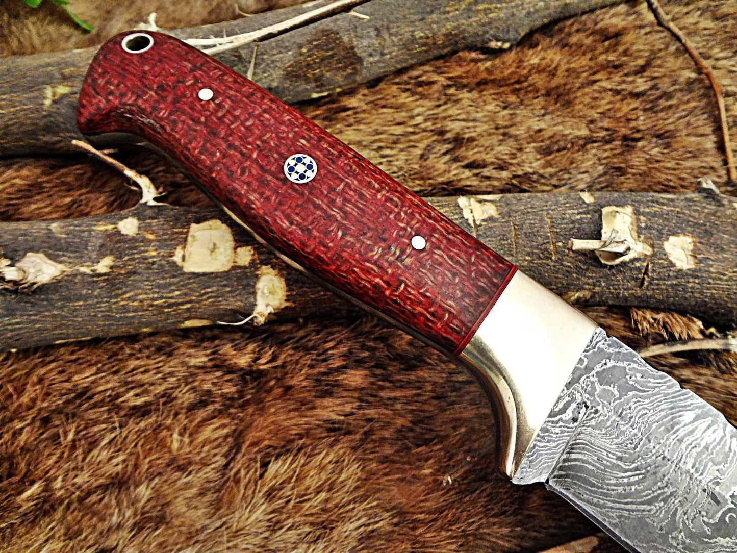 DAMASCUS STEEL 9.5" LONG FULL TANG BLADE SKINING KNIFE, WOOD & BONE, COW SHEATH