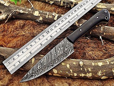 9" long Damascus Steel kitchen Knife 5.5" long full tang Hand Forged blade, Horn