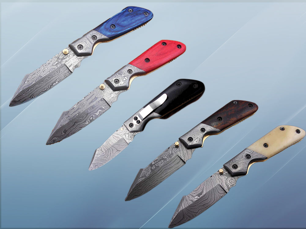 5 pieces 8" Damascus steel pocket clip Camping folding knife set with Sheath