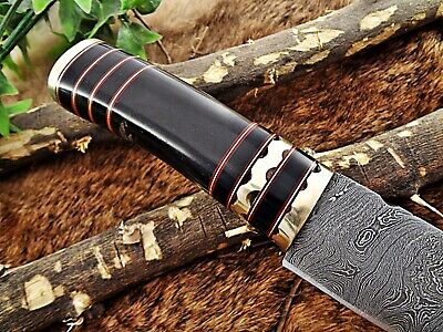 Damascus steel skinning knife 4 Pcs set with leather sheath, Bull horn scale