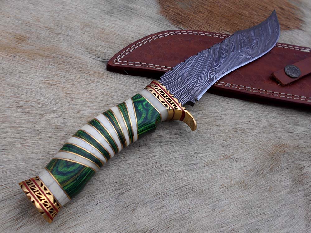12" Long Damascus steel Hunting Bowie knife hand forged, exotic scale crafted with engraved brass, sliced camel bone and Wood W/brass spacer