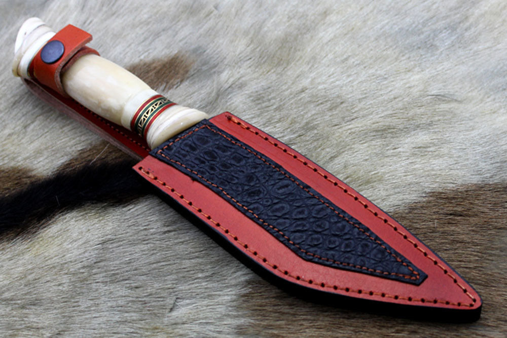 11" Long Tanto blade Skinning Knife, hand engraved D-2 stainless steel & Damascus steel, Round scale crafted with engraved Brass & fiber spacer, Cow hide Leather sheath